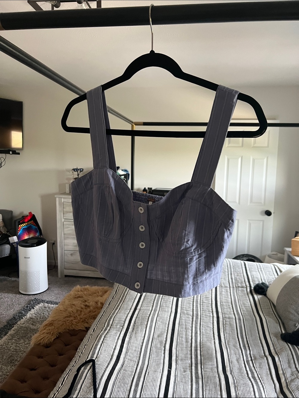 Free People Lavender Pinstripe Button-Front Crop Top